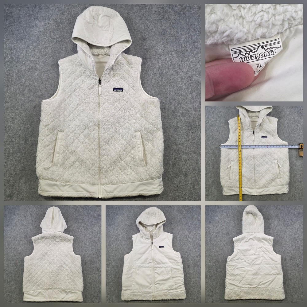Patagonia Los Gatos Vest Womens XL White Sherpa Fleece Reversible Hooded Jacket